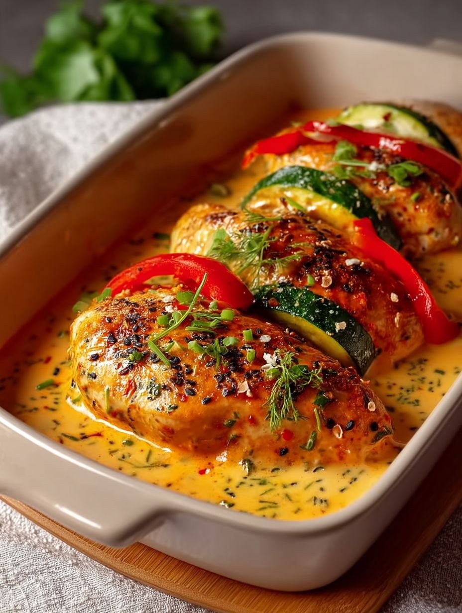 Hähnchenbrust in Frischkäsesoße mit Paprika und Zucchini aus dem Ofen image 2