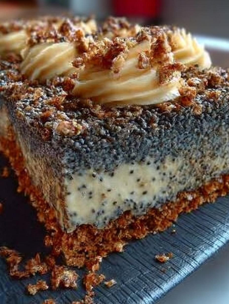 MOHNKUCHEN OHNE BODEN MIT PARADIESCREME UND HASELNUSSKROKANT image 2