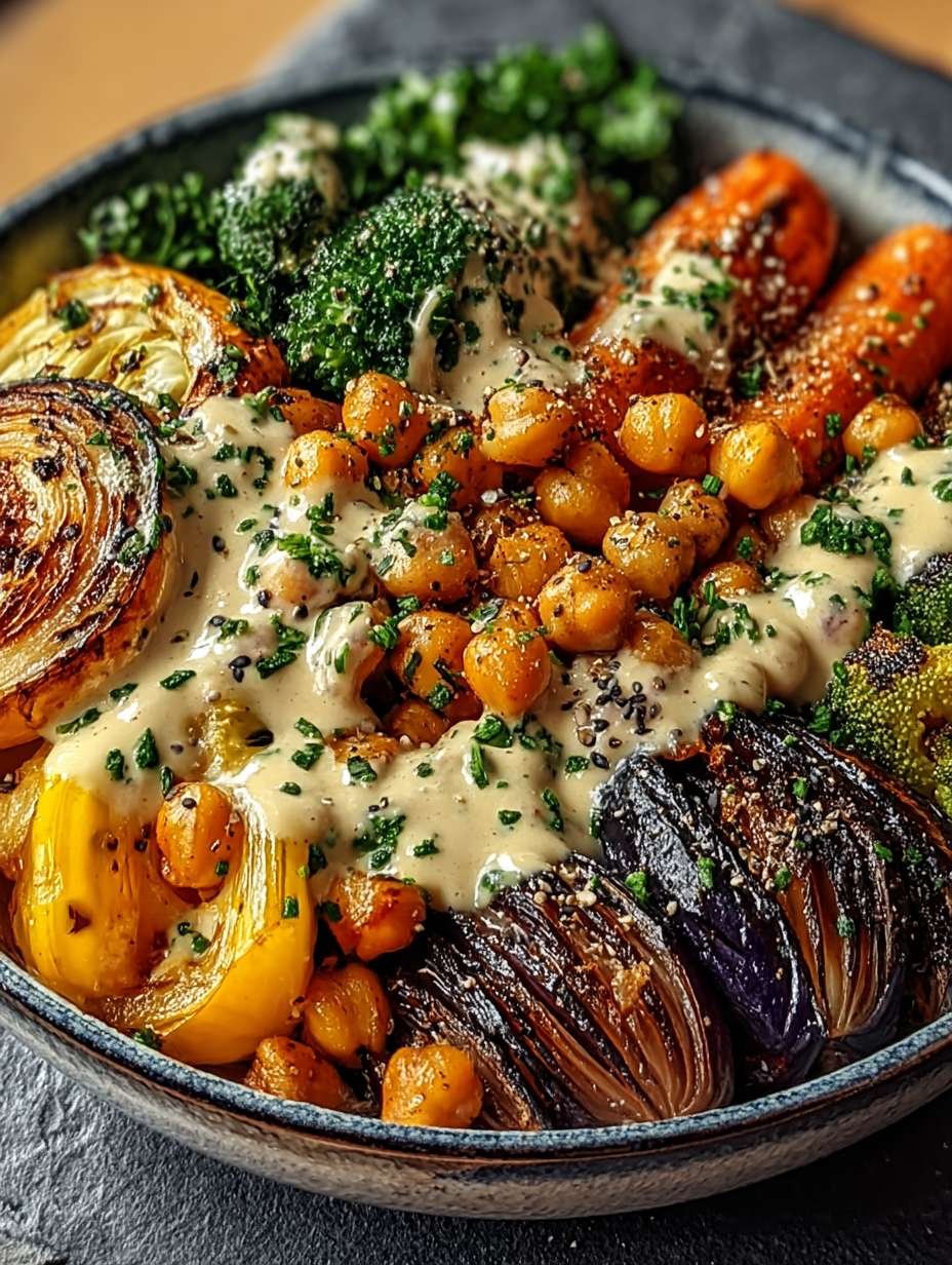 Schüssel mit geröstetem Gemüse und Kichererbsen mit Tahini-Dressing image 2