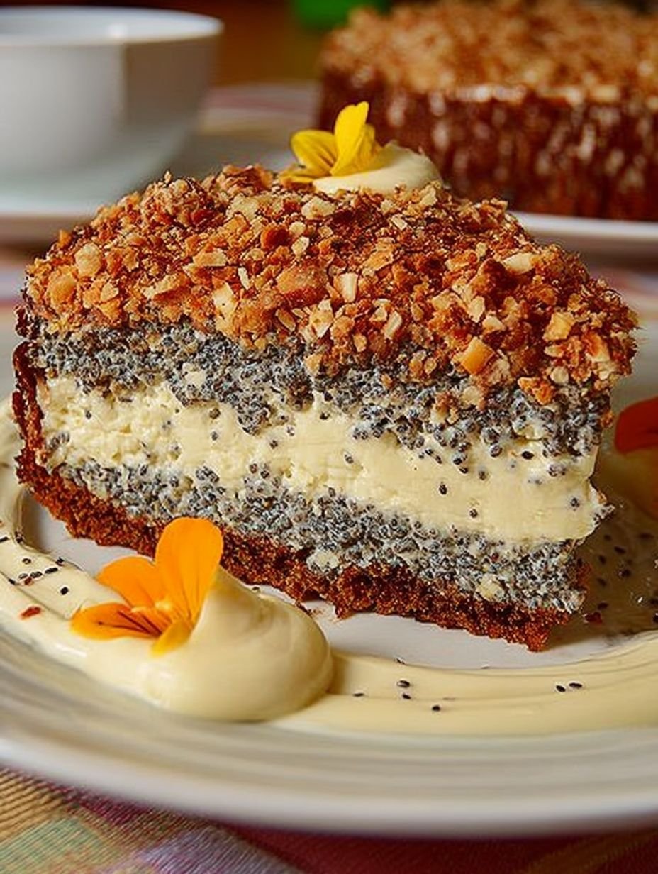 Super schneller Mohnkuchen ohne Boden mit Paradiescreme und Haselnusskrokant image 2