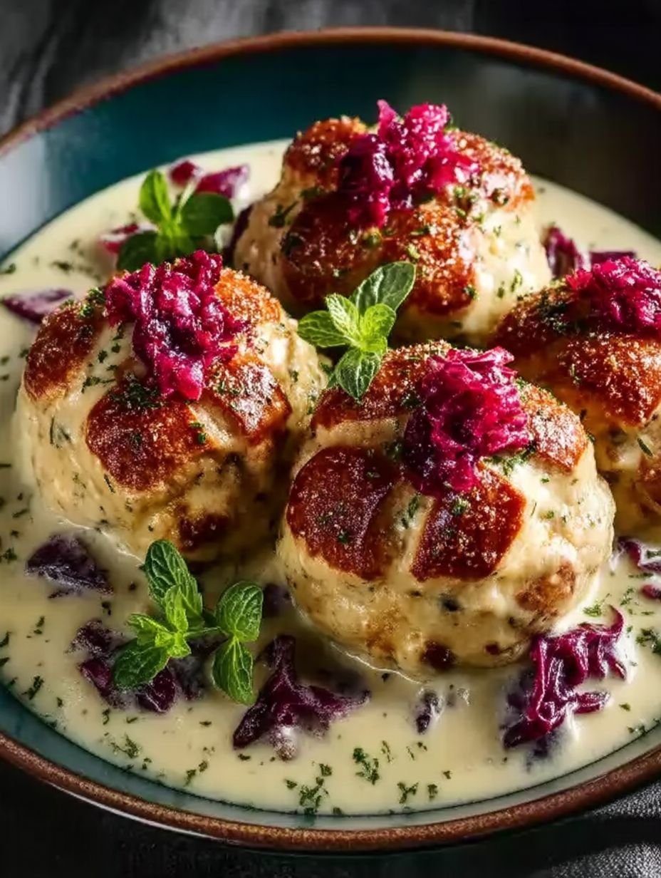Brezenknödel mit fruchtigem Rotkohl und Speck-Sahne-Sauce image 2