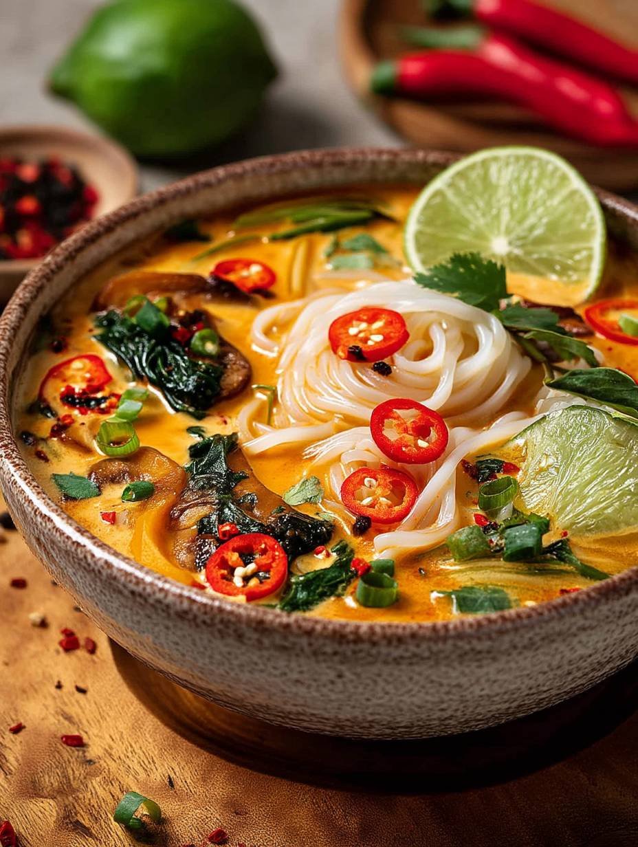 Vegane Curry-Suppe mit Kokosmilch und Reisnudeln image 2