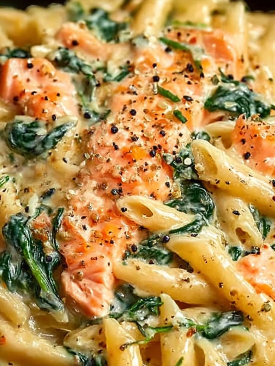 Nudeln in Lachs-Sahne-Soße und Spinat image 2