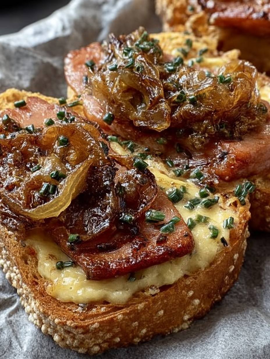 überbackene Leberkäseschnitten mit Käse-Senfcreme & Schmorzwiebeln image 2