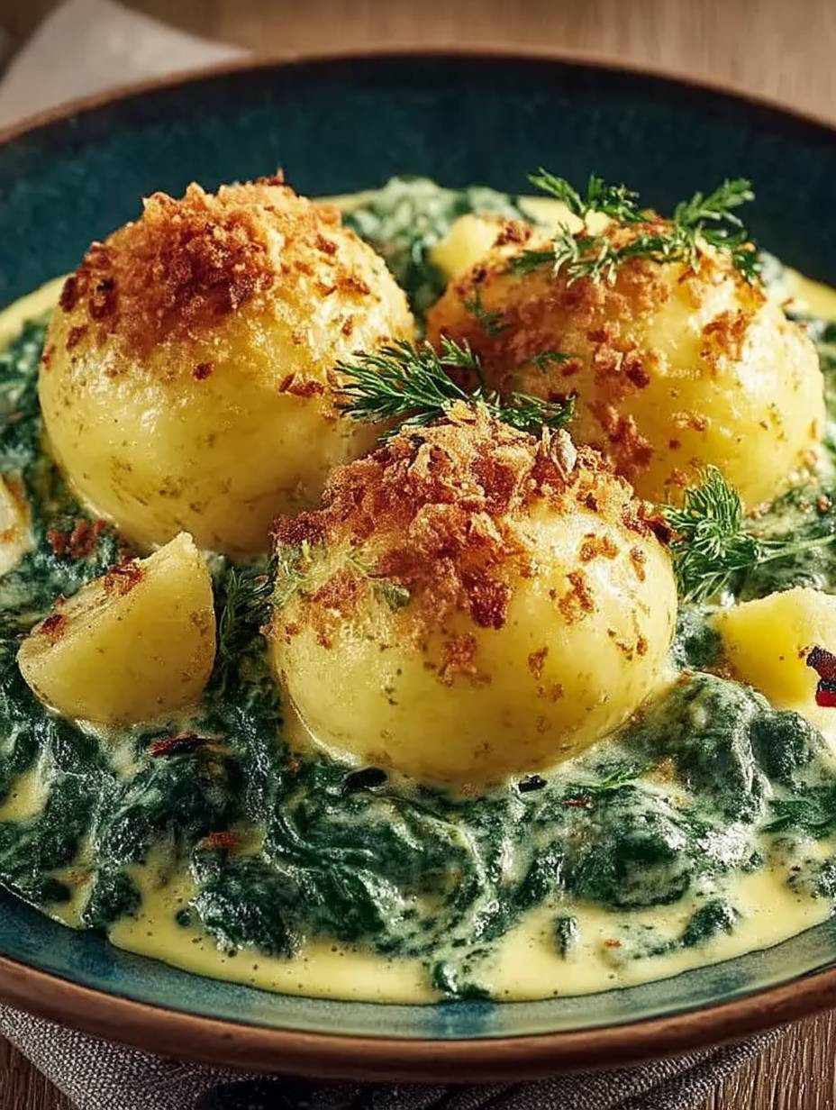 Kartoffelknödel mit Spinat Käse Soße image 2