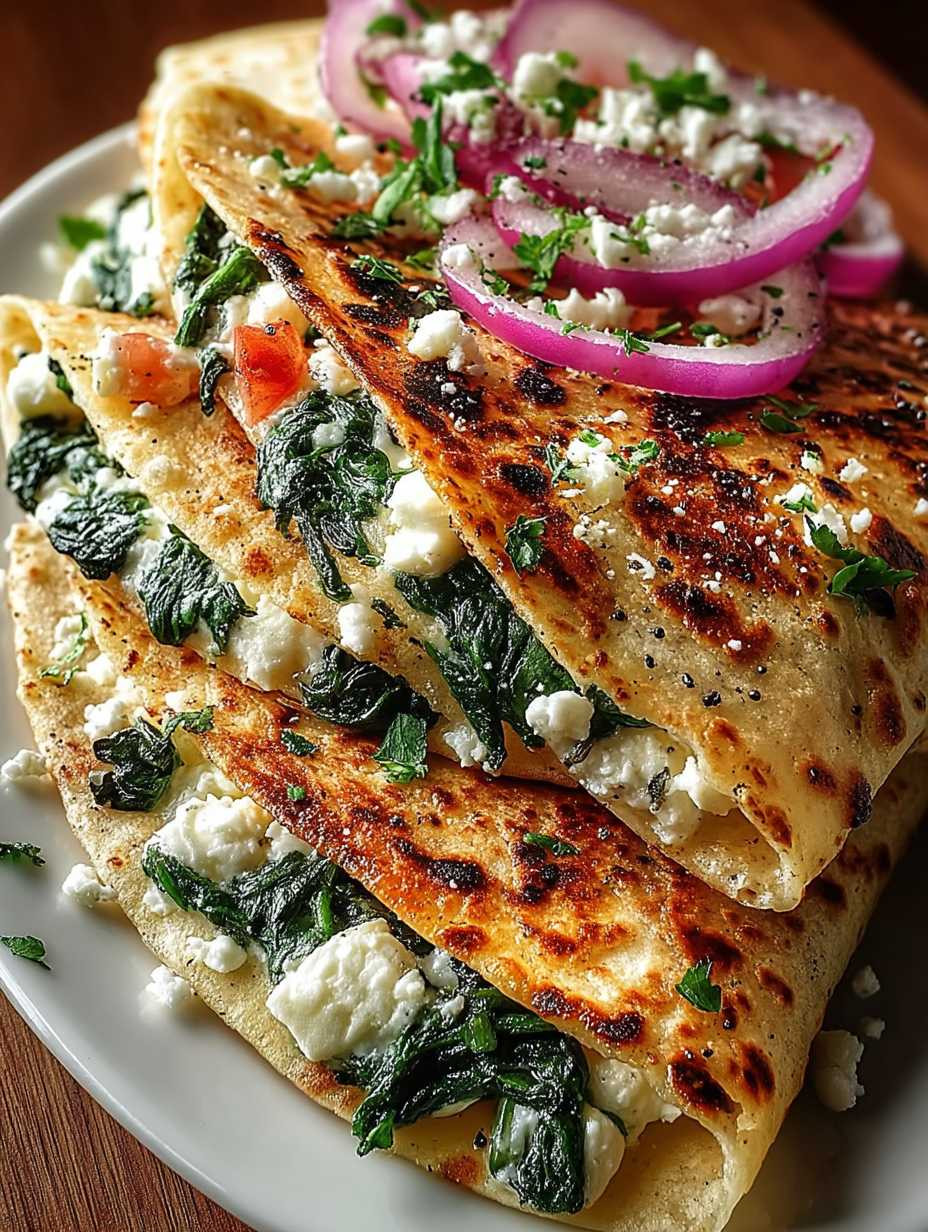 Mediterrane Quesadillas mit Spinat, Feta, Mozzarella und roten Zwiebeln image 2